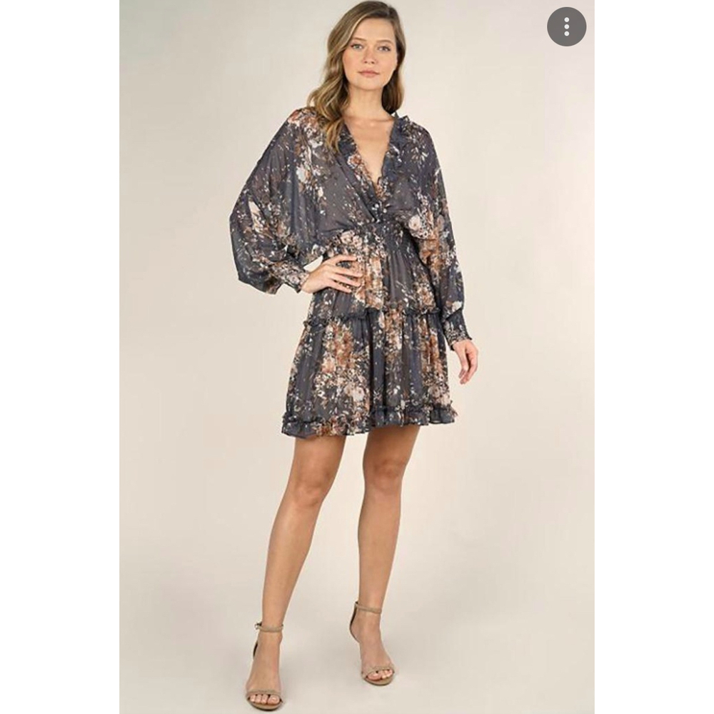 LOVESTITCH Gray Nude Nico Floral Boho Long Sleeve V-Neck Ruffle Mini Dress Small